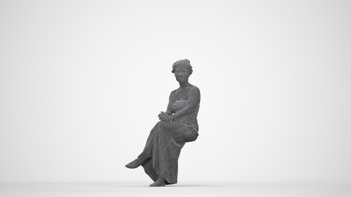 photogrammetry 3D woman casual sitting, realistic human model archviz FBX, wireframe back view