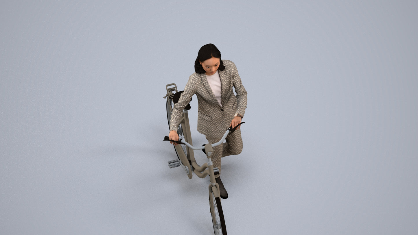 realistic 3D woman business cycling, scanned archviz people for Blender and 3ds Max, back view render