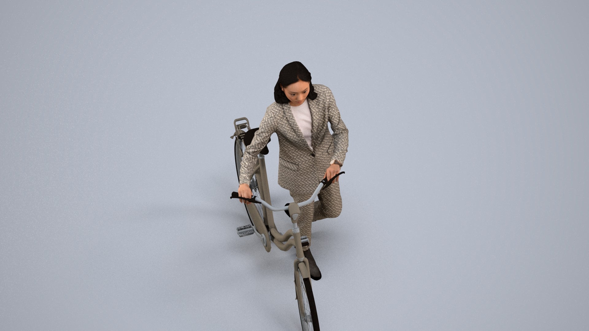 realistic 3D woman business cycling, scanned archviz people for Blender and 3ds Max, back view render