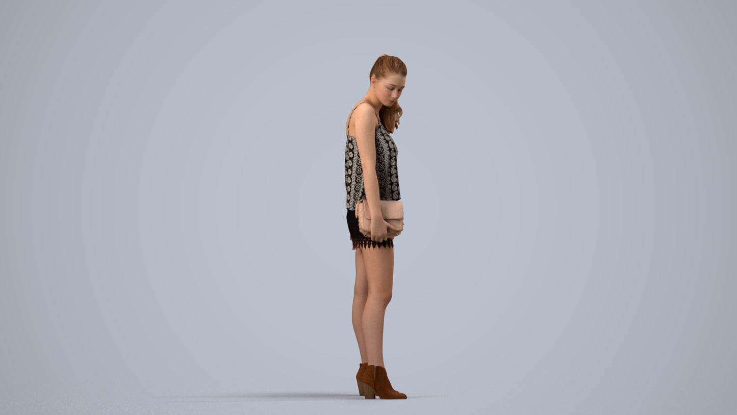 3D people model girl casual standing, scanned human for 3ds Max rendering, side view render