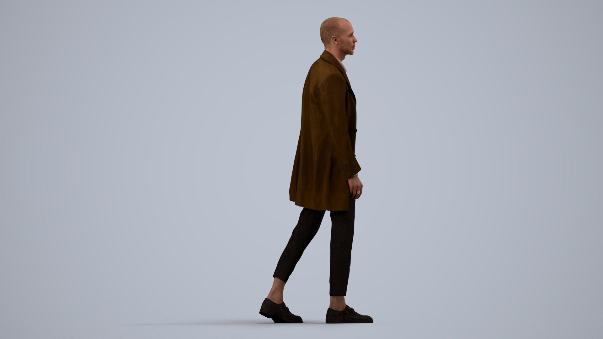 photogrammetry 3D man business walking, realistic human model archviz FBX, side view render