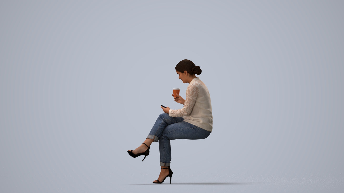 realistic 3D woman casual sitting, scanned archviz people for Blender and 3ds Max, three-quarter view render