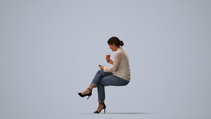 realistic 3D woman casual sitting, scanned archviz people for Blender and 3ds Max, three-quarter view render