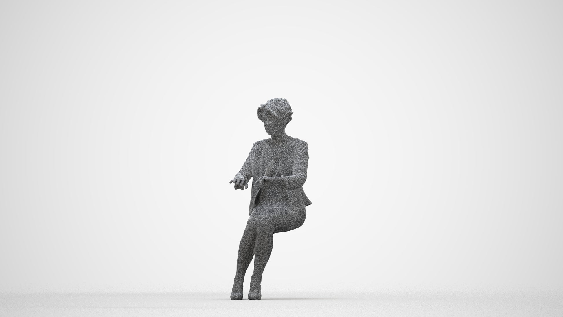 photogrammetry 3D woman business sitting, realistic human model archviz FBX, wireframe back view