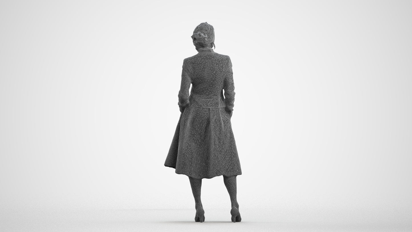 realistic 3D people senior woman business standing, render-ready for V-Ray and Corona, FBX OBJ, wireframe front view