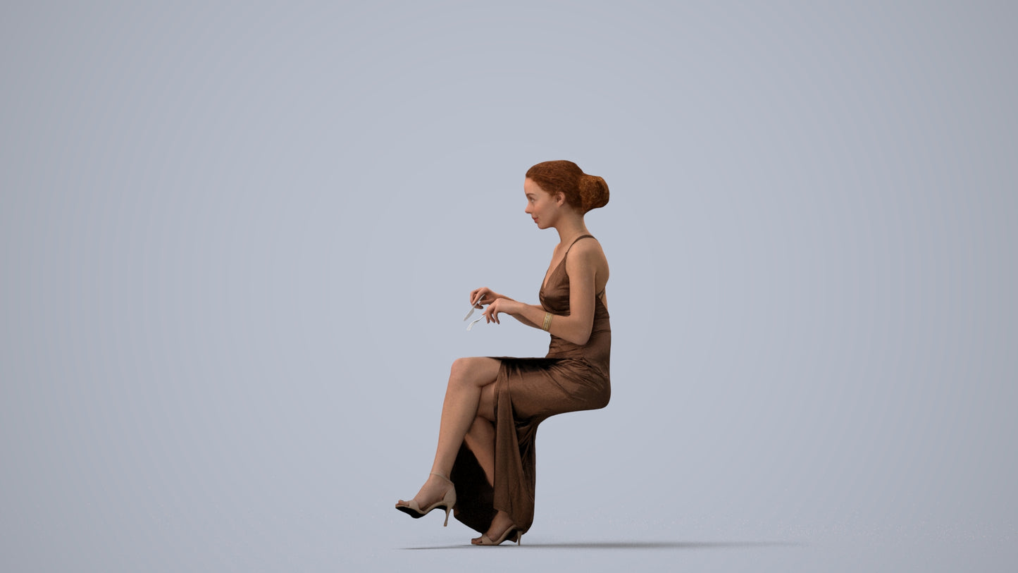 3D human model woman formal formalaffairs, photogrammetry scanned person for archviz, three-quarter view render