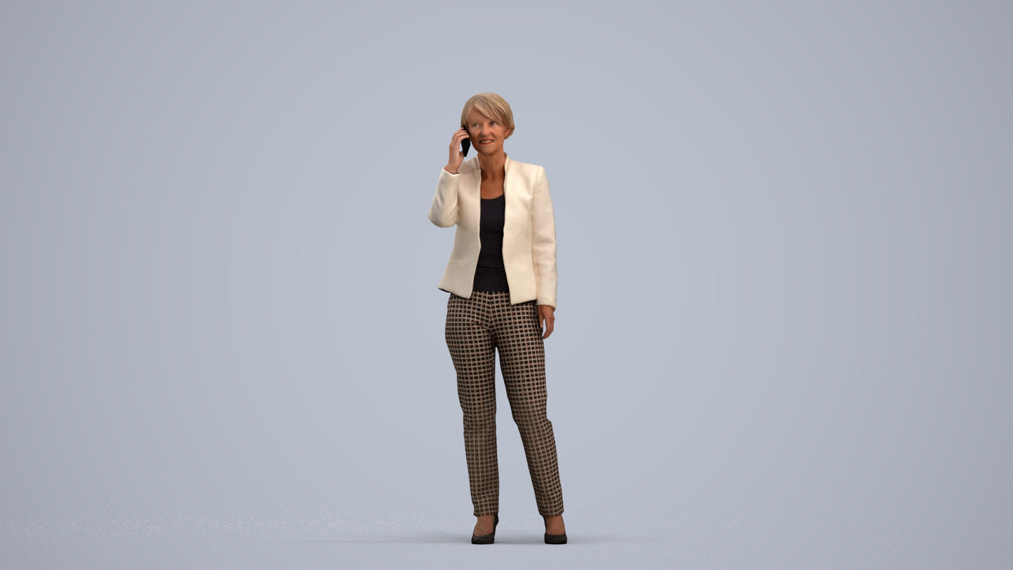 realistic 3D senior woman business standing, scanned archviz people for Blender and 3ds Max, standing pose render