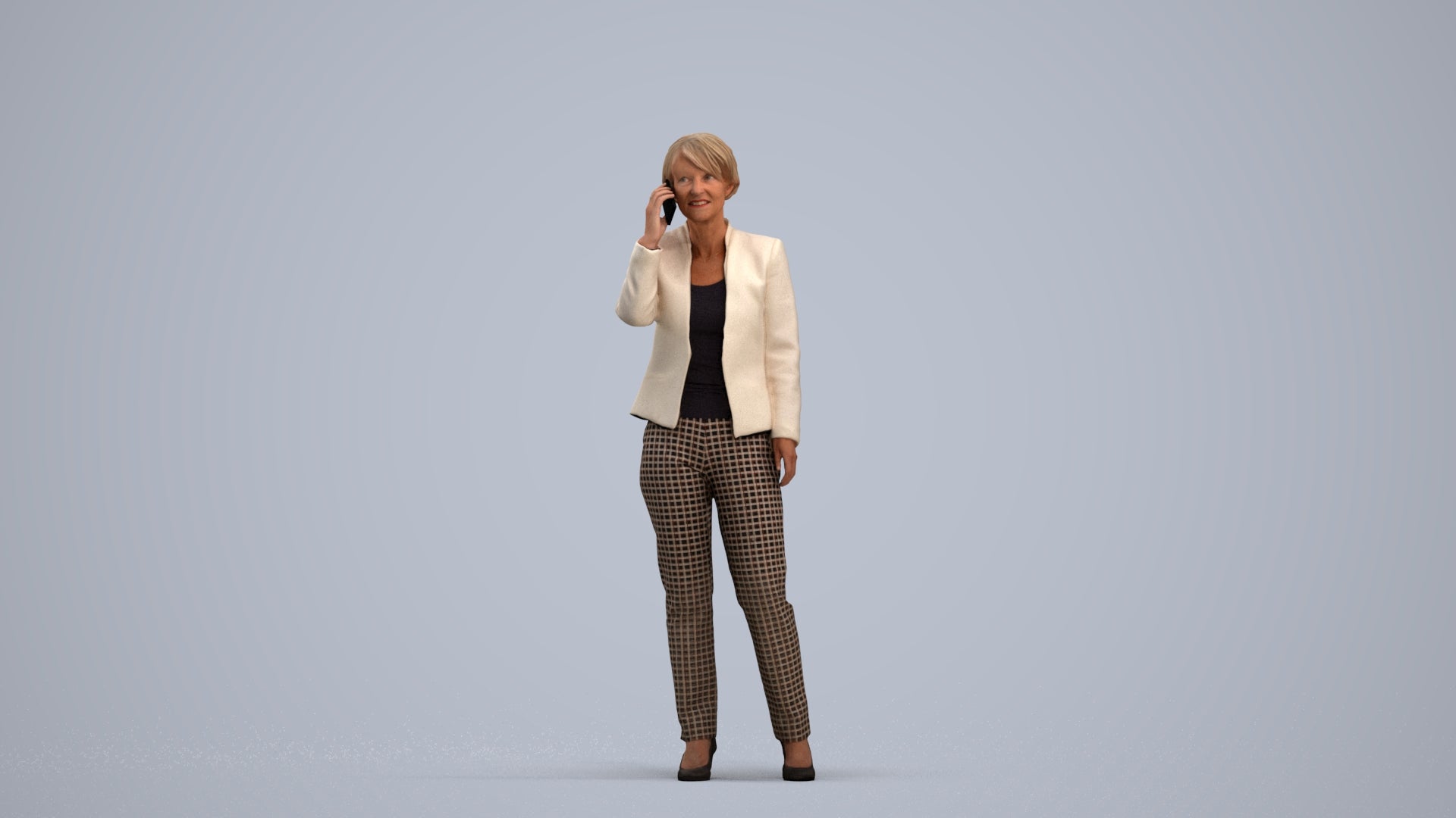 realistic 3D senior woman business standing, scanned archviz people for Blender and 3ds Max, standing pose render