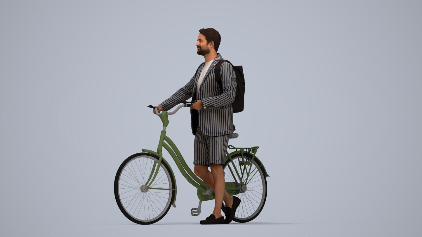 realistic 3D man business cycling, scanned archviz people for Blender and 3ds Max, top-down view render