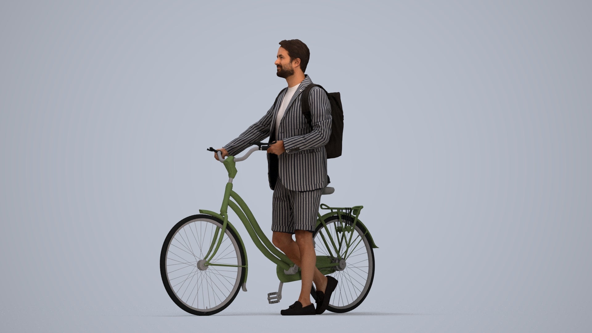 realistic 3D man business cycling, scanned archviz people for Blender and 3ds Max, top-down view render