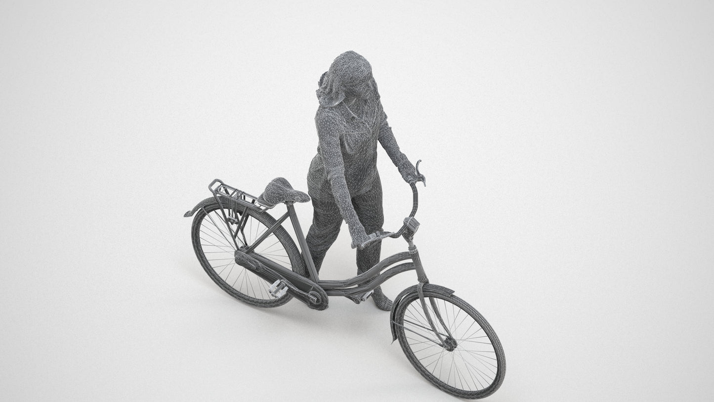 realistic 3D human woman casual cycling, archviz people FBX OBJ for Blender, wireframe three-quarter view