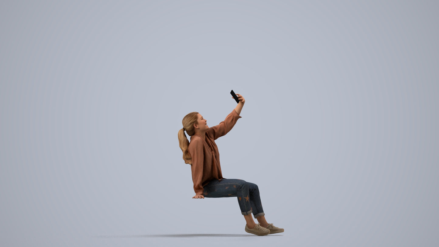 3D people model woman casual sitting, scanned human for 3ds Max rendering, side view render