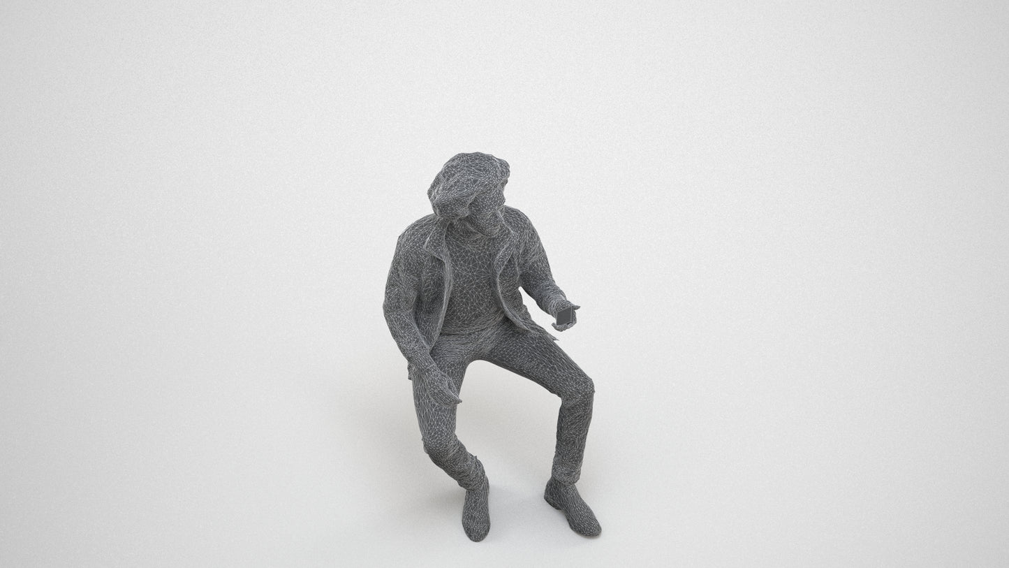 scanned 3D man casual sitting, photogrammetry people for Enscape and V-Ray, wireframe three-quarter view