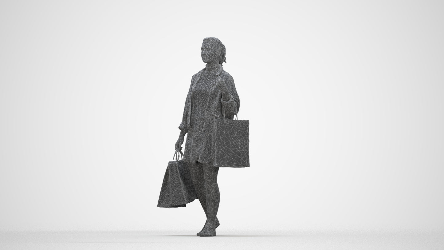 3D scanned woman shopping casual, photorealistic archviz people for Enscape and SketchUp, wireframe back view