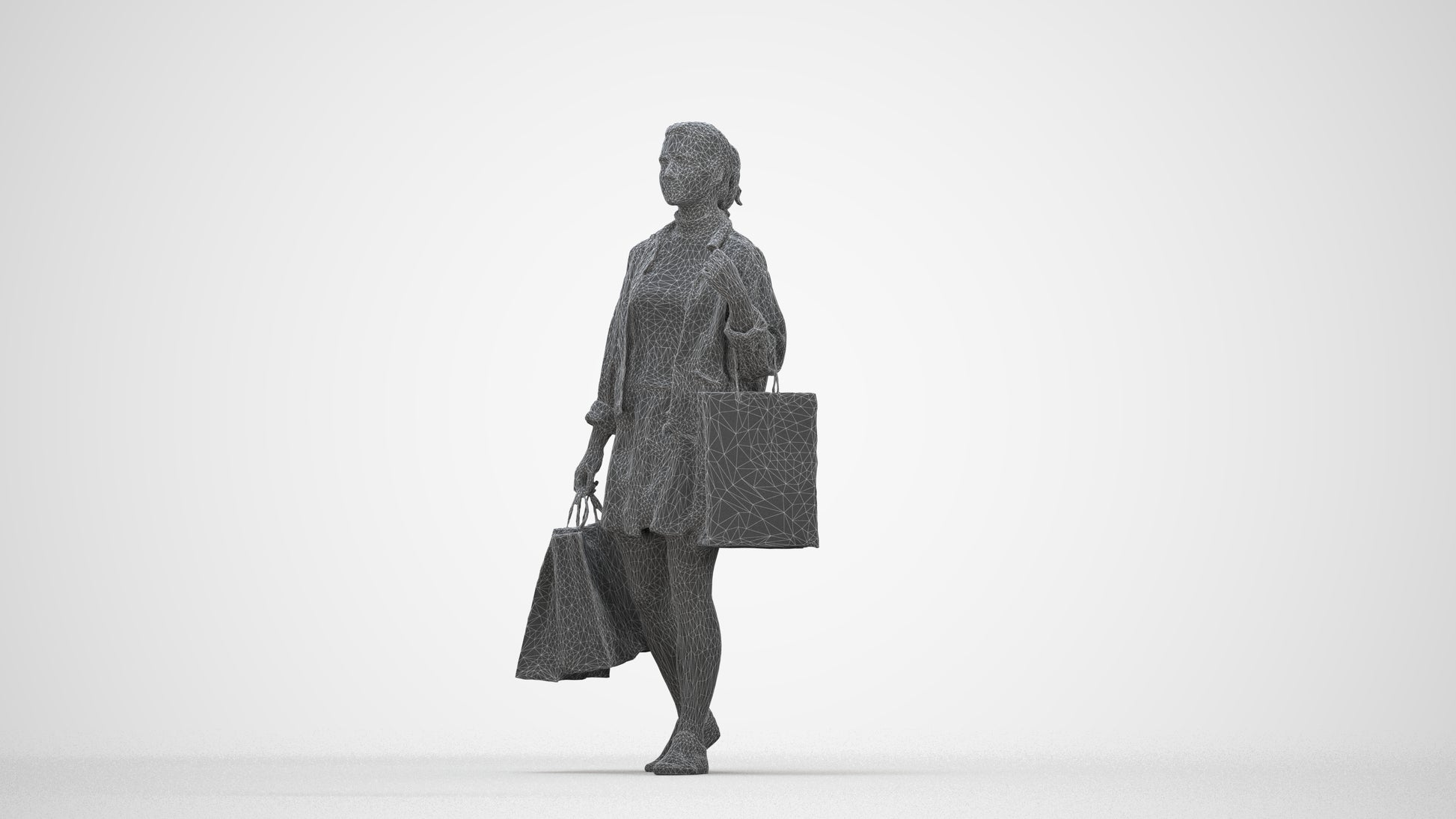 3D scanned woman shopping casual, photorealistic archviz people for Enscape and SketchUp, wireframe back view