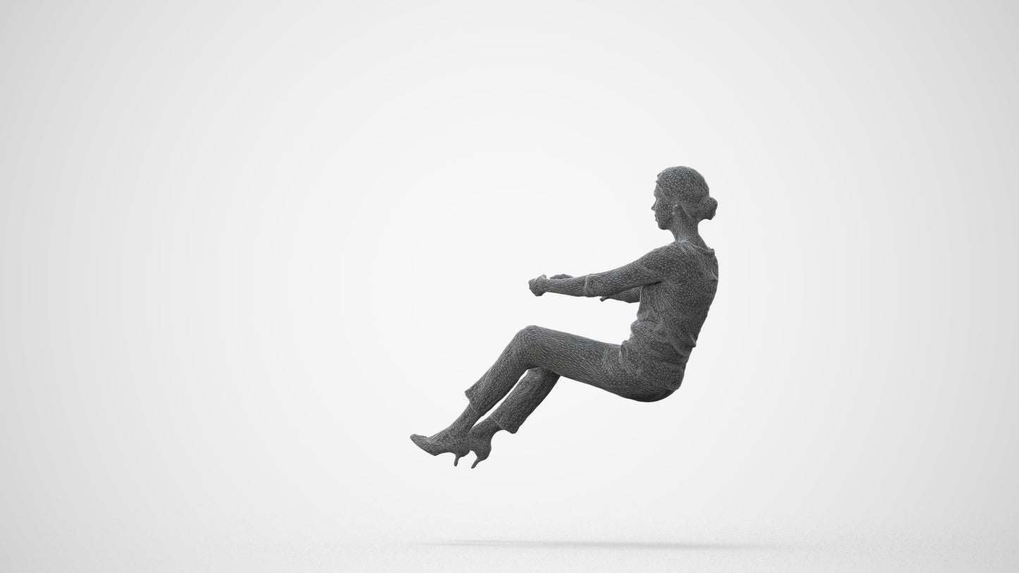 3D human model woman casual driving, photogrammetry scanned person for archviz, square thumbnail