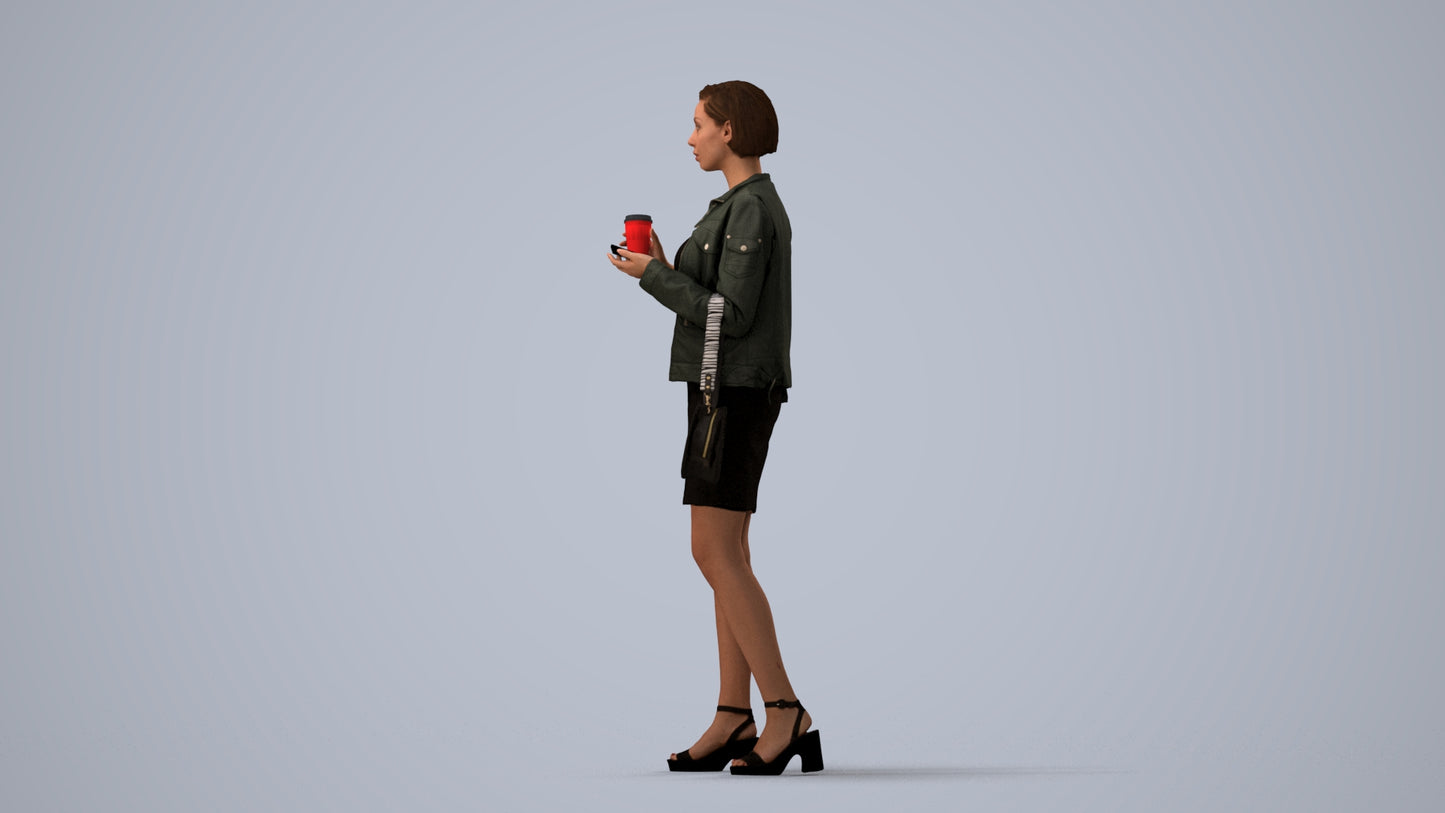 realistic 3D human woman casual standing, archviz people FBX OBJ for Blender, three-quarter view render