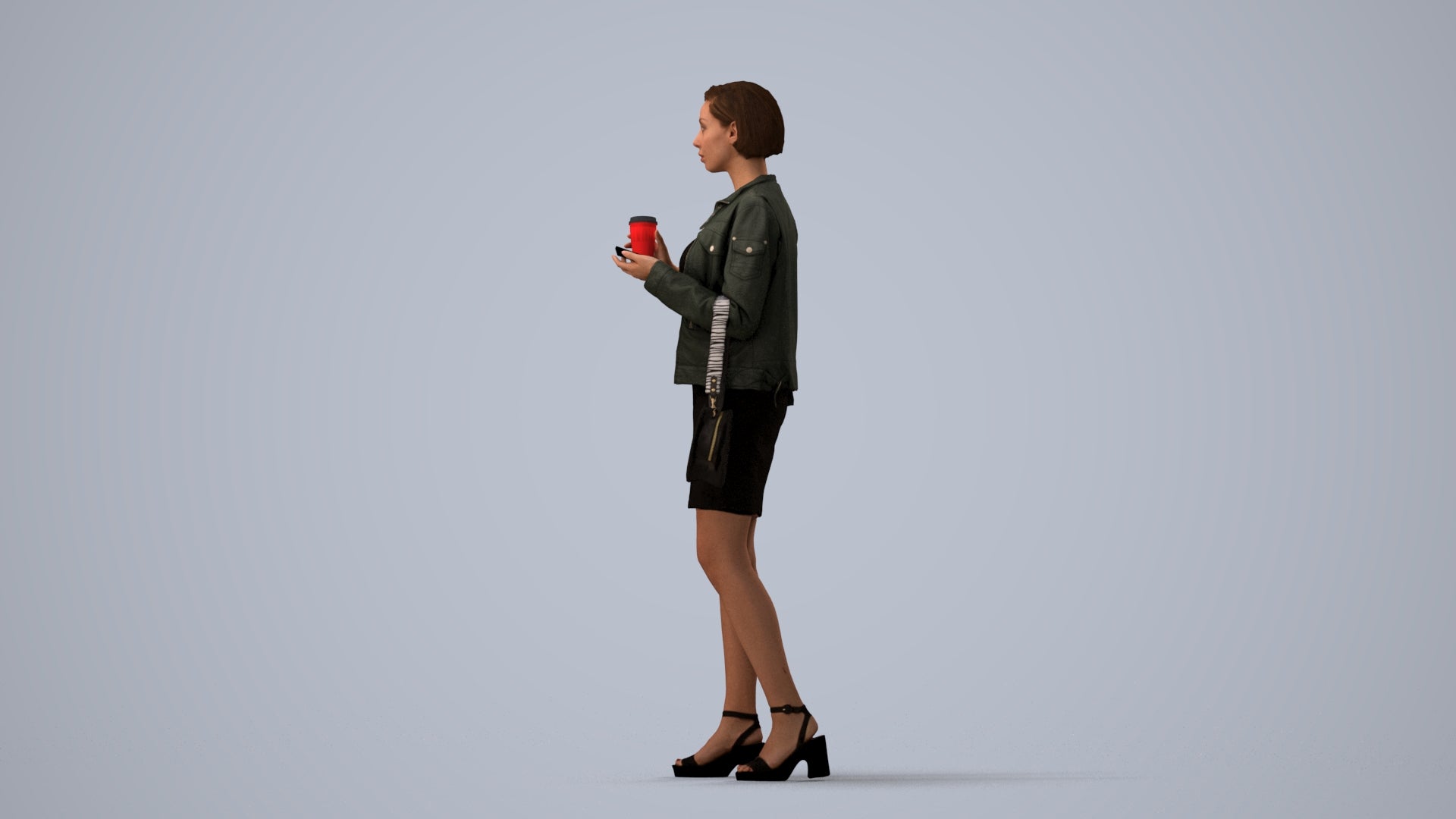 realistic 3D human woman casual standing, archviz people FBX OBJ for Blender, three-quarter view render