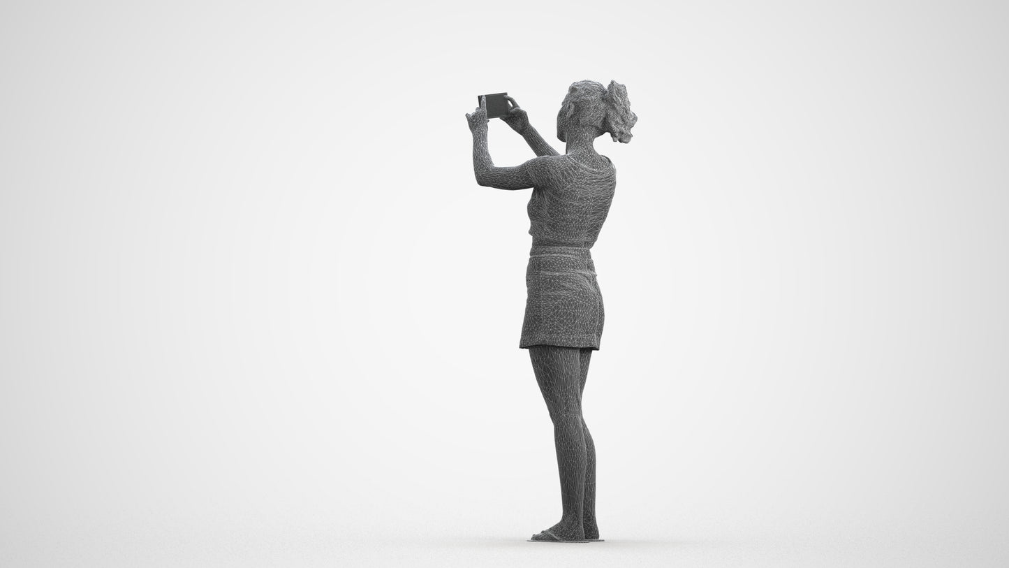 3D human model woman casual standing, photogrammetry scanned person for archviz, wireframe front view