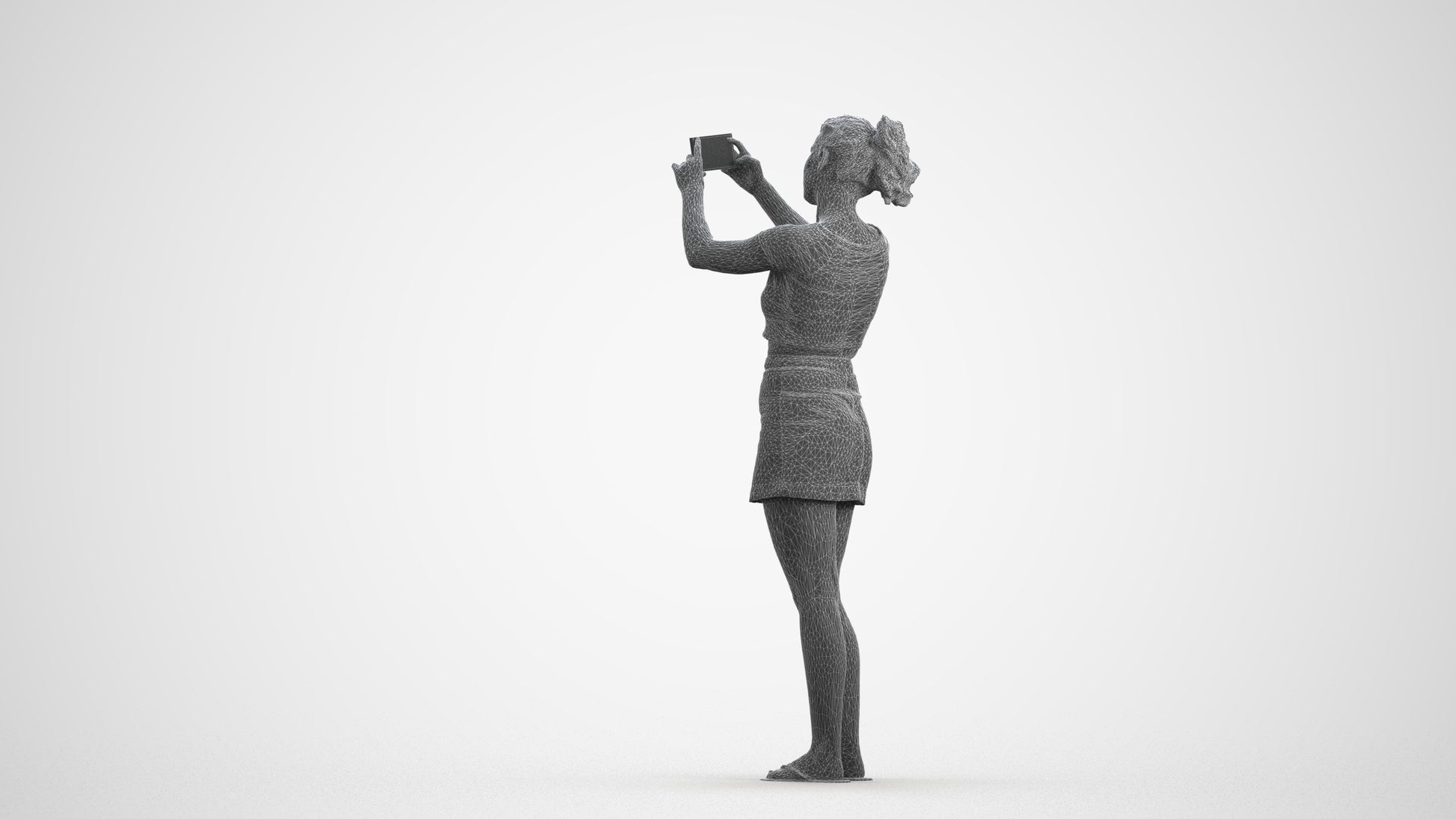 3D human model woman casual standing, photogrammetry scanned person for archviz, wireframe front view