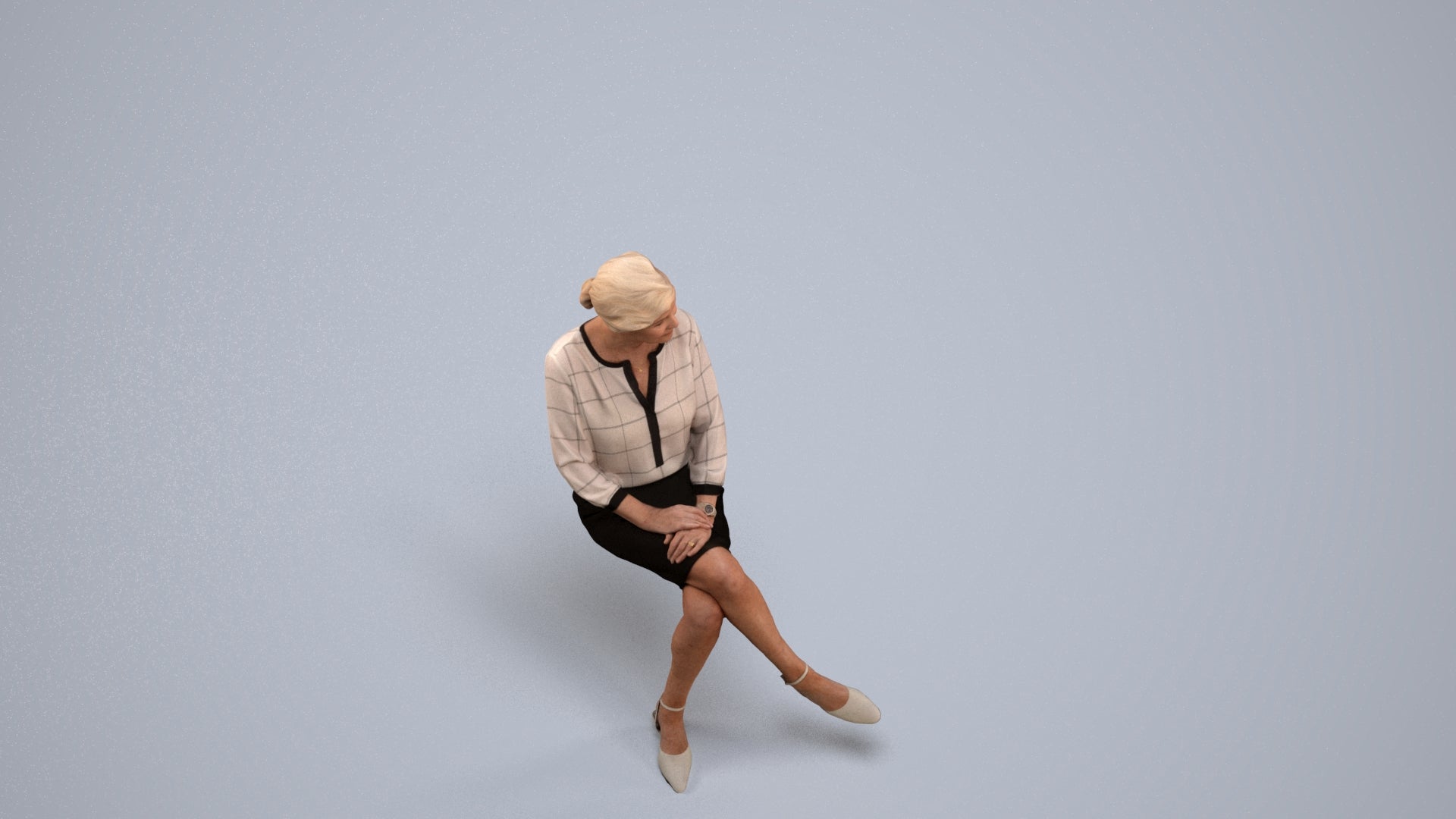 realistic 3D senior woman business sitting, scanned archviz people for Blender and 3ds Max, back view render