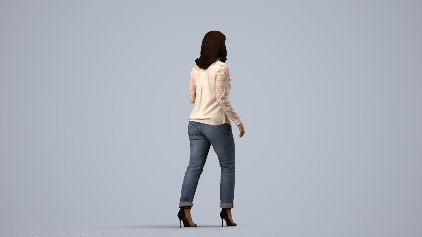 3D scanned woman walking casual, photorealistic archviz people for Enscape and SketchUp, side view render