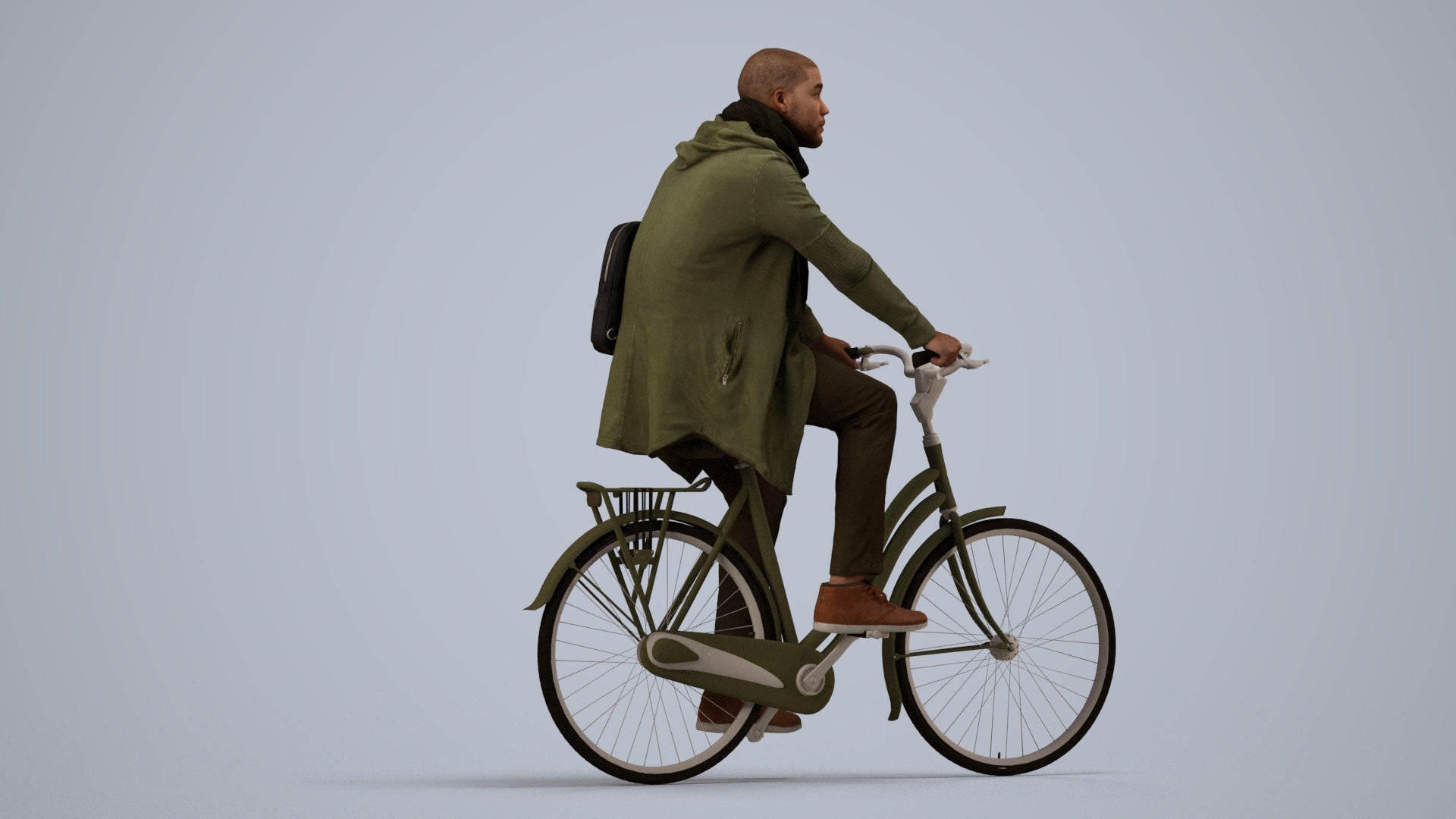 3D human model man casual sitting, photogrammetry scanned person for archviz, side view render