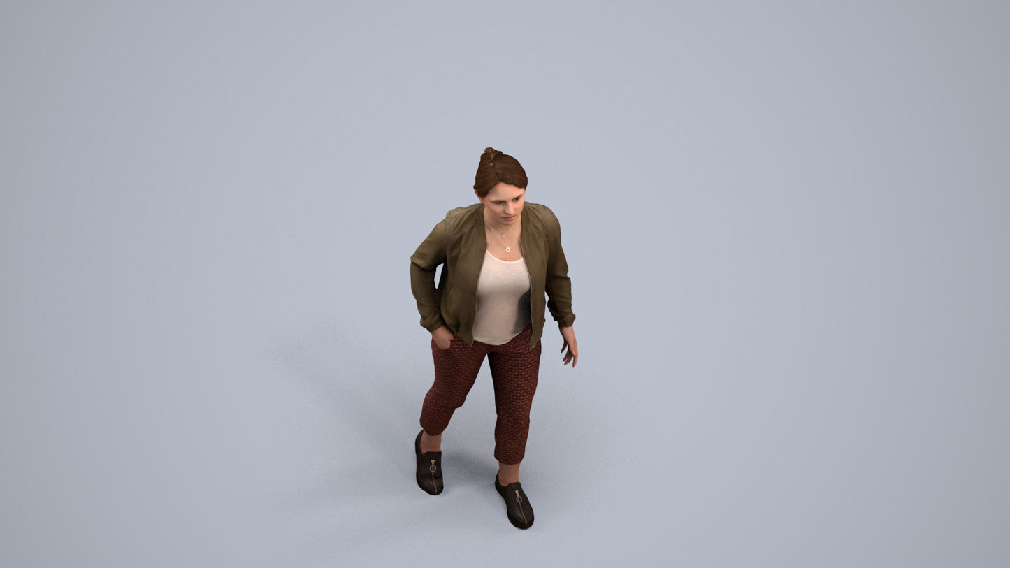 3D human model woman casual walking, photogrammetry scanned person for archviz, back view render