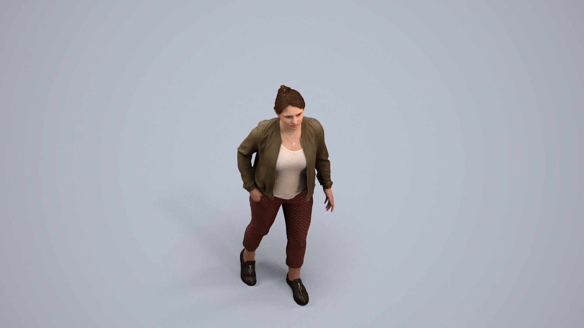 3D human model woman casual walking, photogrammetry scanned person for archviz, back view render