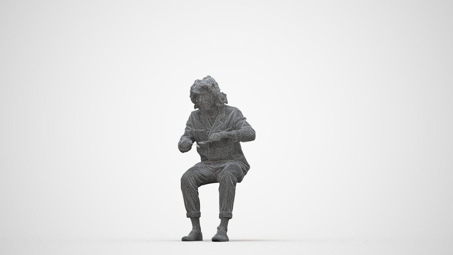 realistic 3D man casual sitting, scanned archviz people for Blender and 3ds Max, wireframe back view