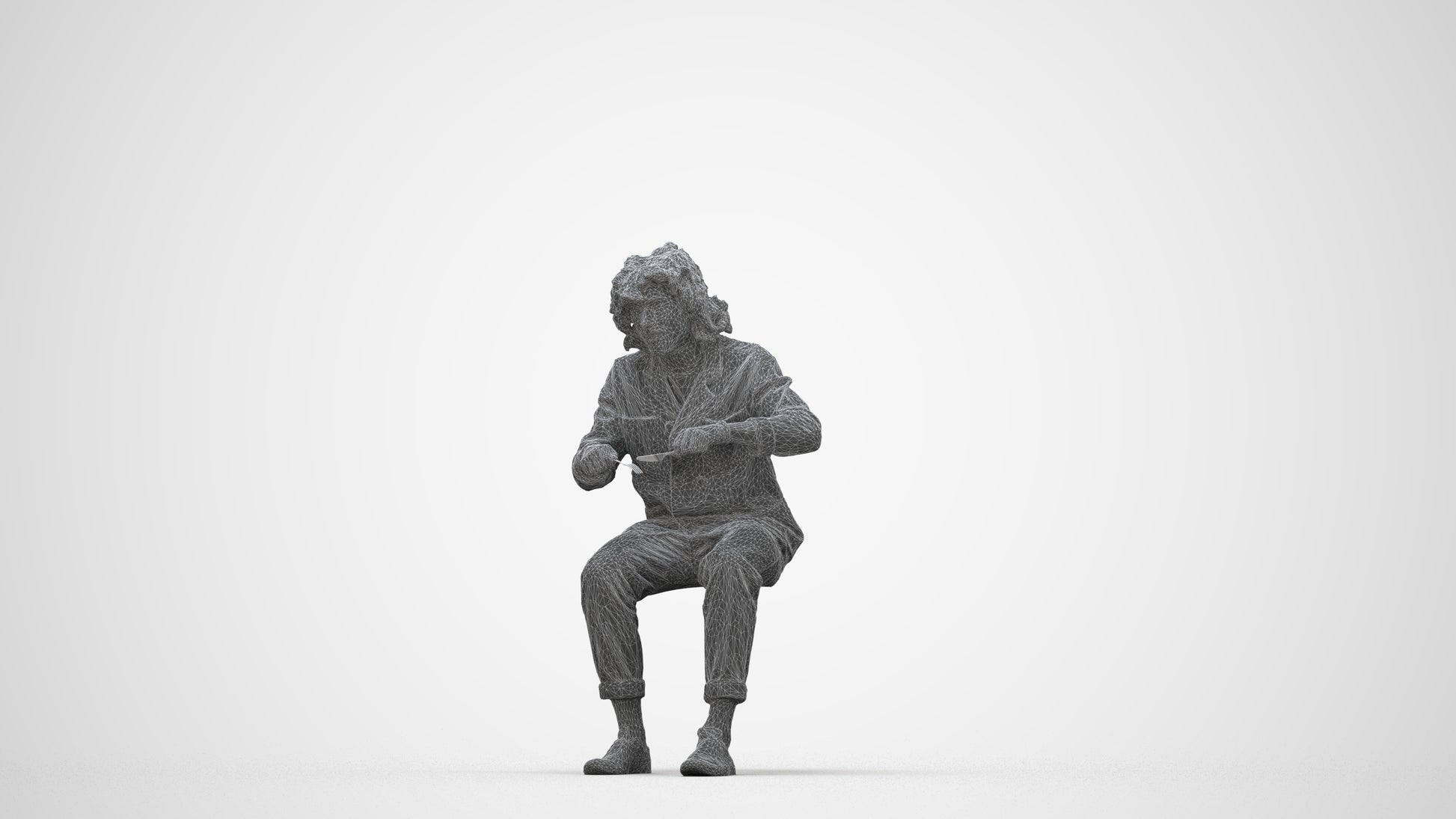 realistic 3D man casual sitting, scanned archviz people for Blender and 3ds Max, wireframe back view
