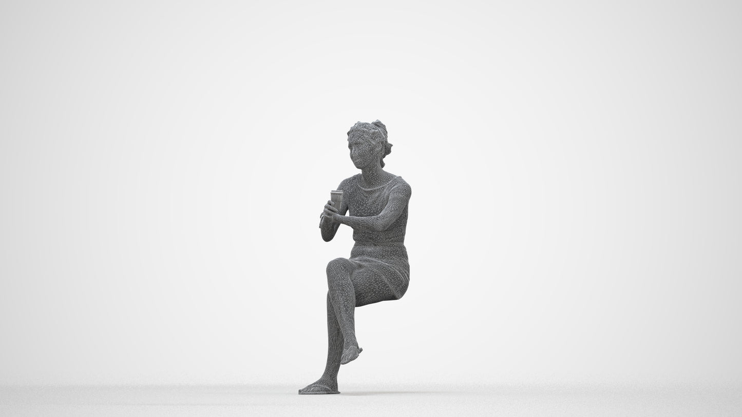 scanned 3D woman casual sitting, photogrammetry people for Enscape and V-Ray, wireframe back view