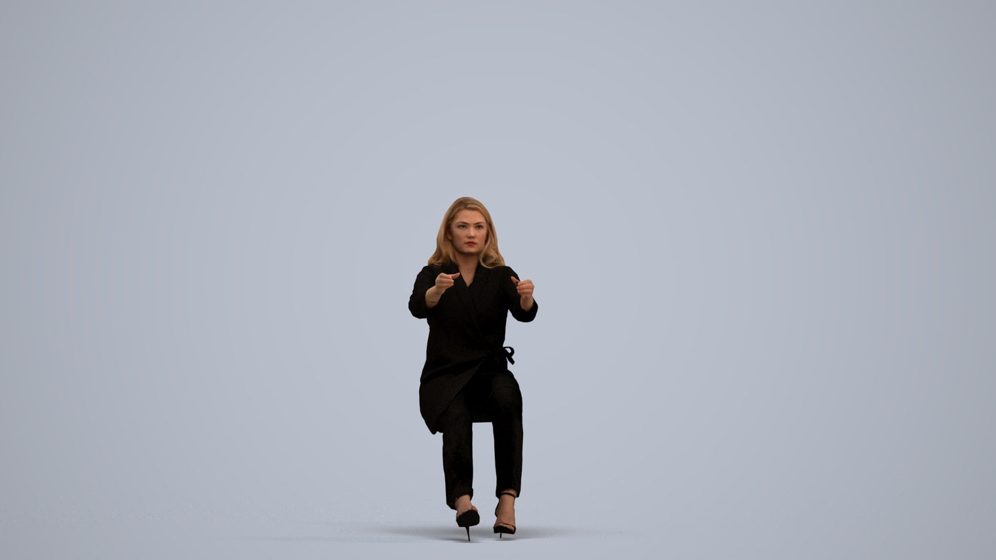 3D human model woman business sitting, photogrammetry scanned person for archviz, standing pose render