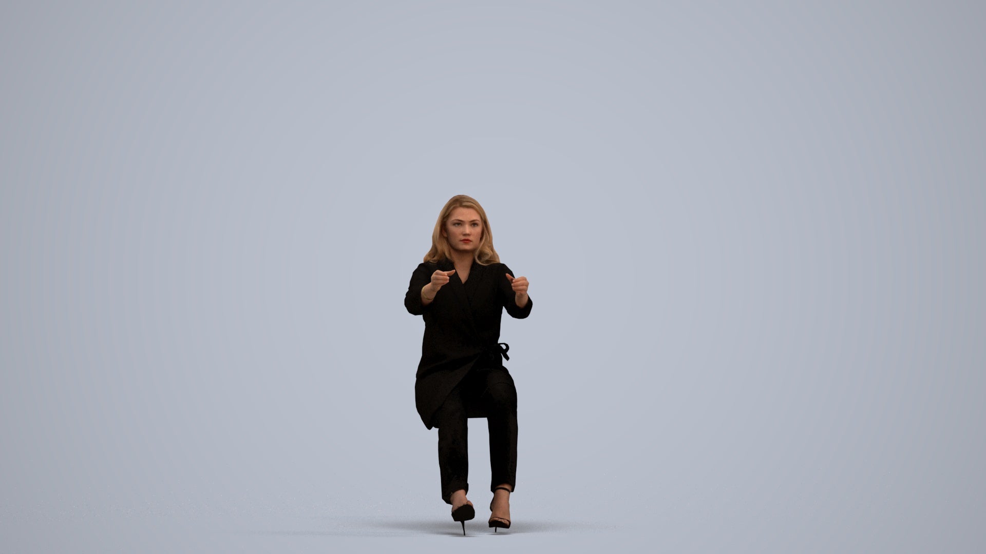 3D human model woman business sitting, photogrammetry scanned person for archviz, standing pose render