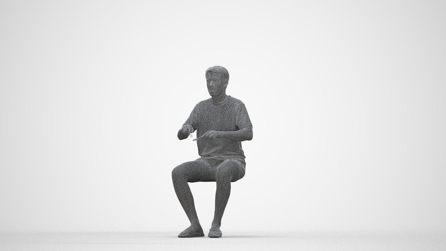 3D human model man casual sitting, photogrammetry scanned person for archviz, wireframe back view