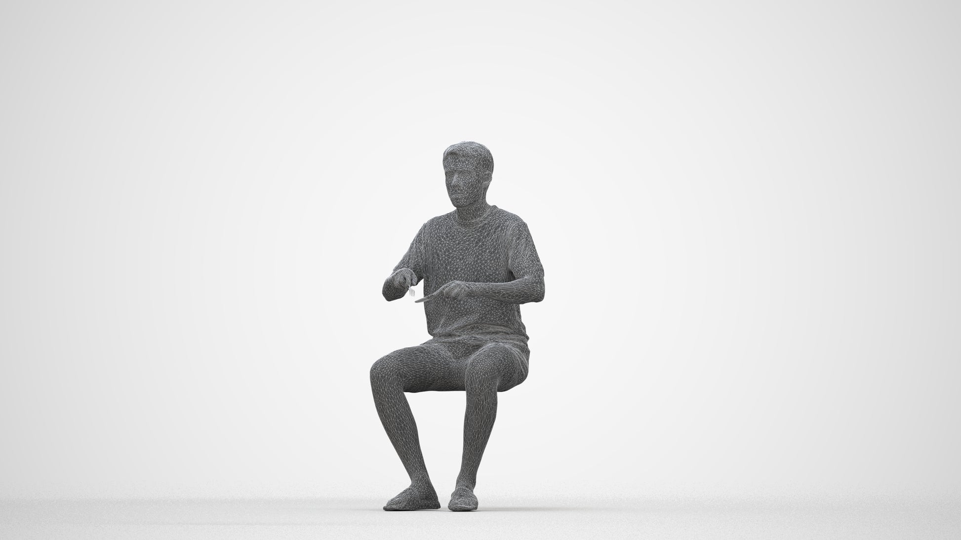 3D human model man casual sitting, photogrammetry scanned person for archviz, wireframe back view