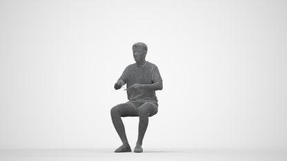 3D human model man casual sitting, photogrammetry scanned person for archviz, wireframe back view