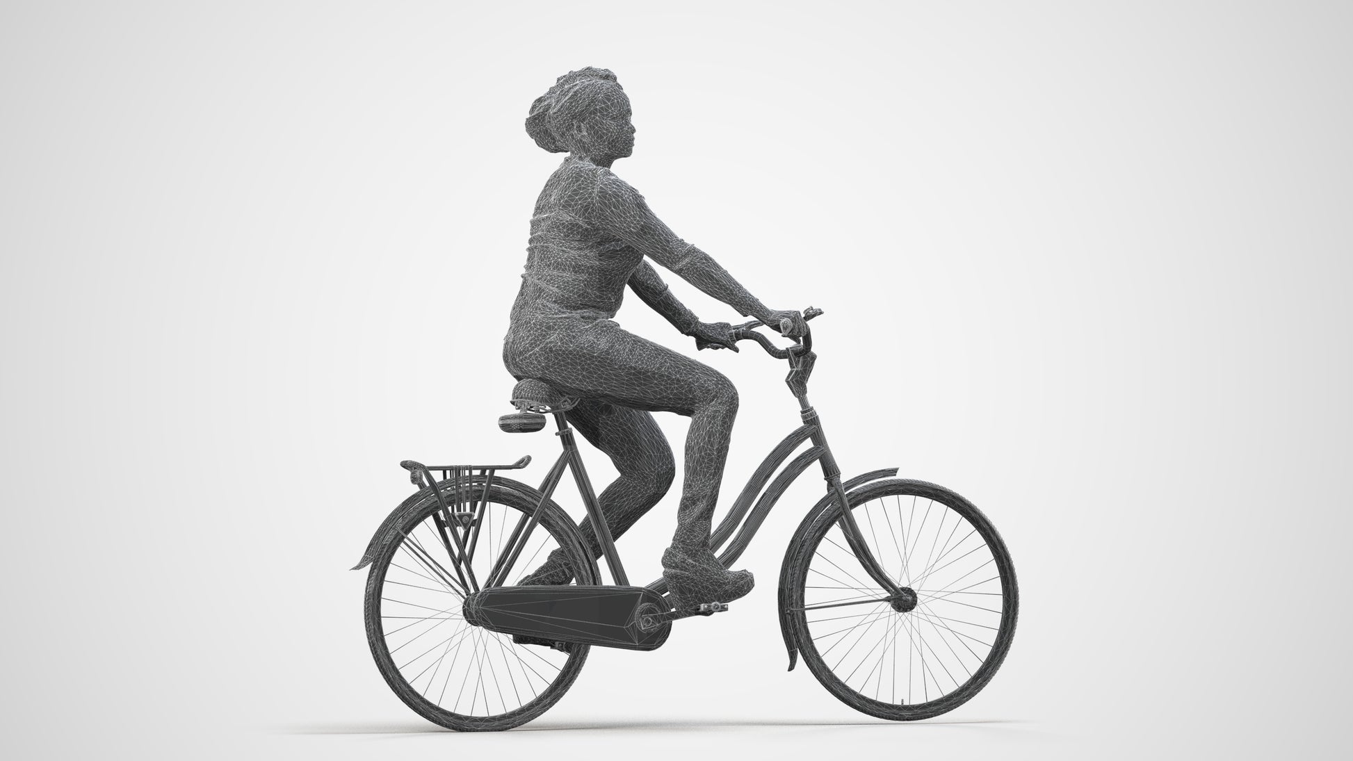 realistic 3D woman casual cycling, scanned archviz people for Blender and 3ds Max, wireframe side view