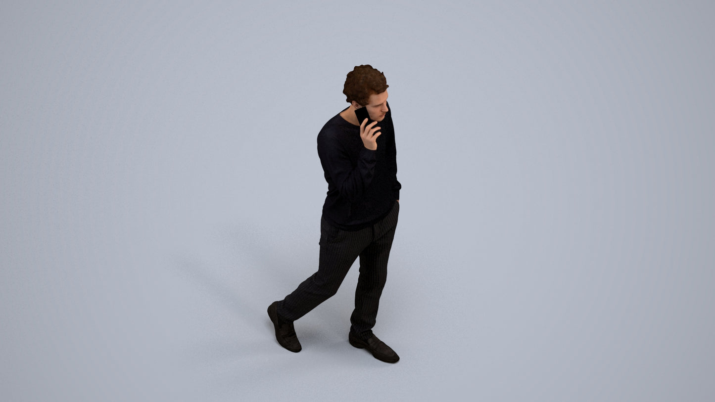 3D human model man casual walking, photogrammetry scanned person for archviz, back view render