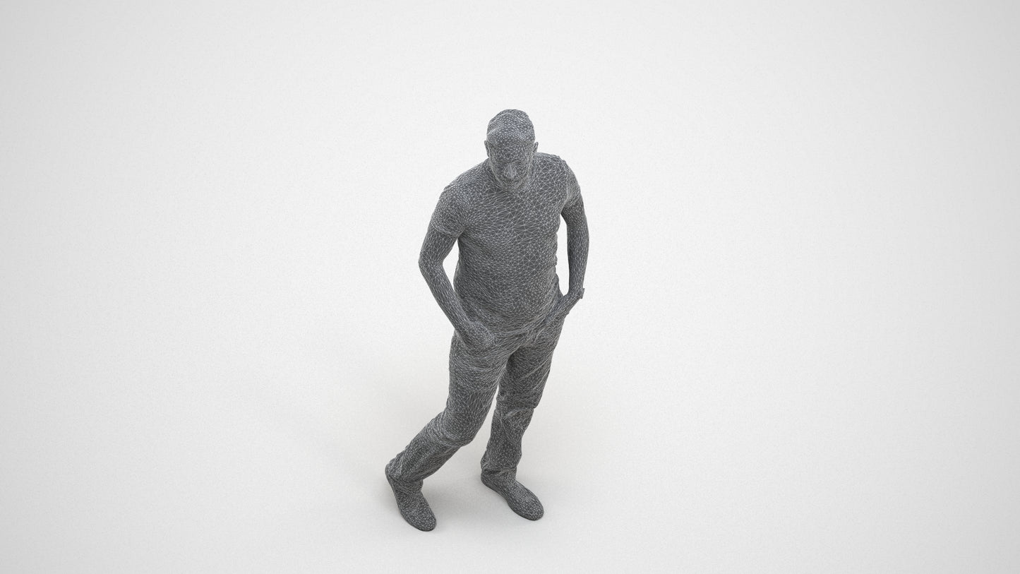 realistic 3D man casual standing, scanned archviz people for Blender and 3ds Max, wireframe three-quarter view