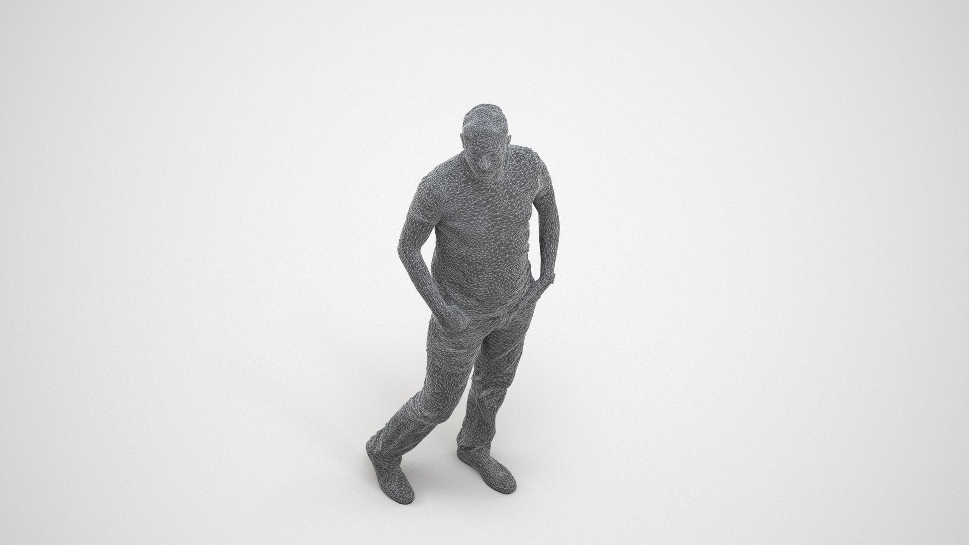 realistic 3D man casual standing, scanned archviz people for Blender and 3ds Max, wireframe three-quarter view
