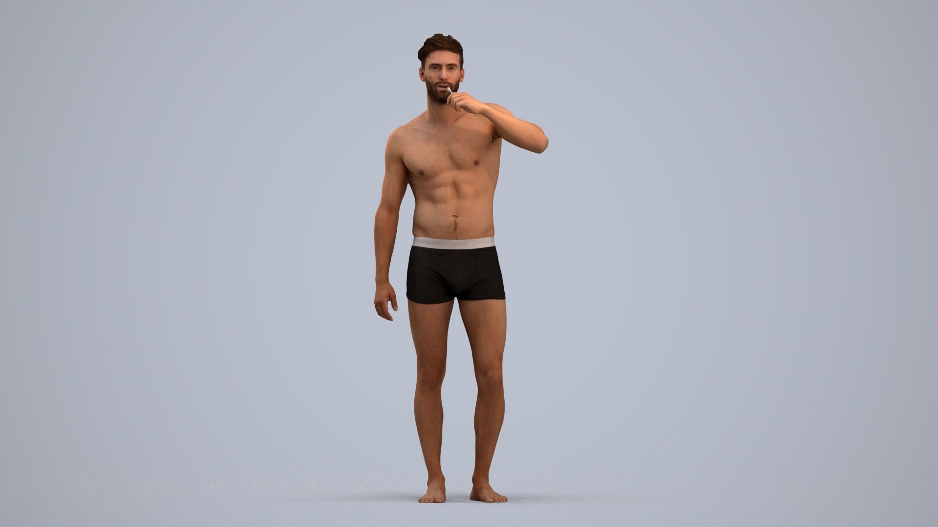 3D human model man bathroom, photogrammetry scanned person for archviz, standing pose render