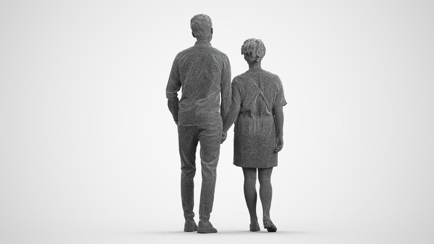 realistic 3D people woman casual couple, render-ready for V-Ray and Corona, FBX OBJ, wireframe front view