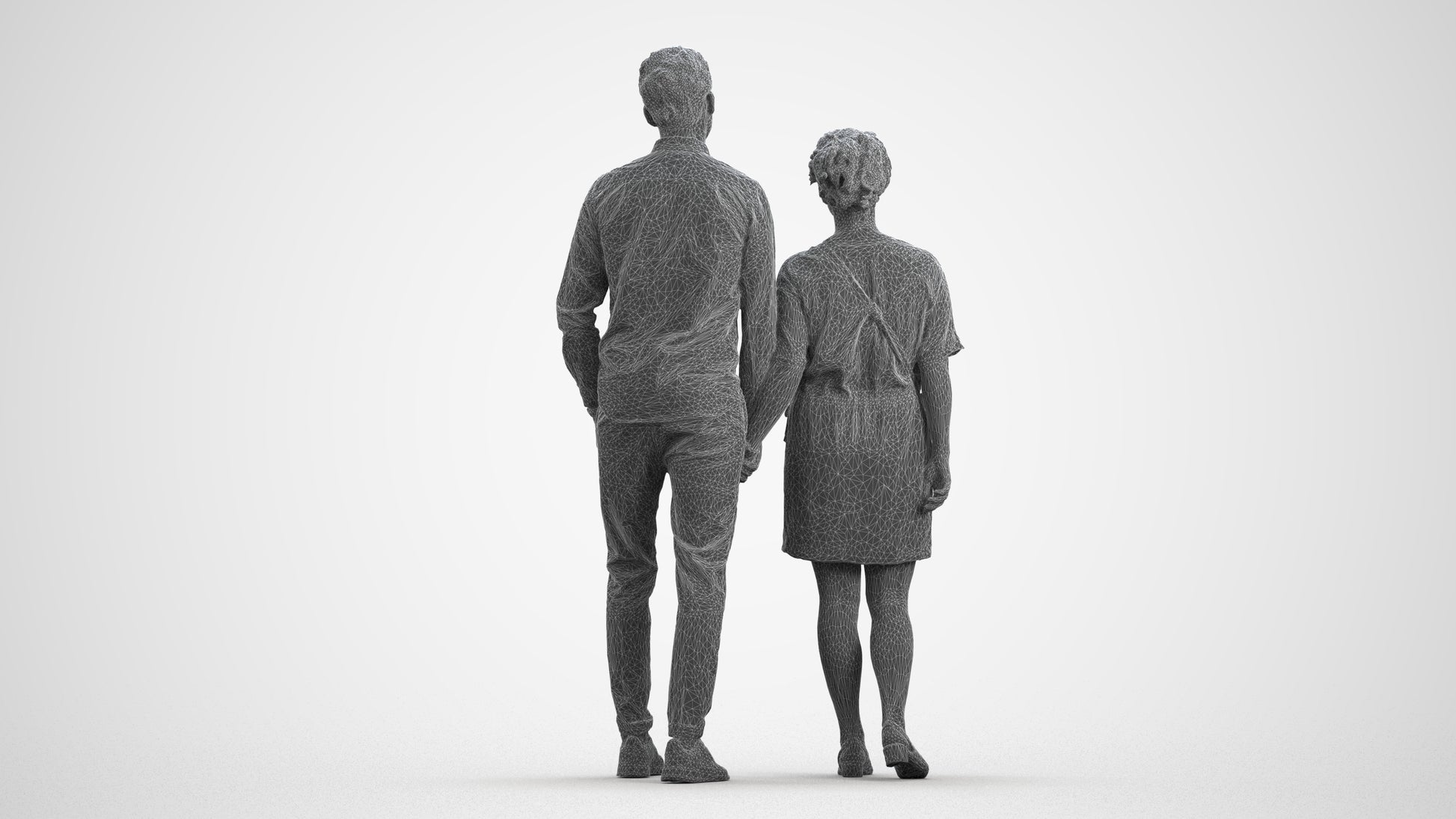 realistic 3D people woman casual couple, render-ready for V-Ray and Corona, FBX OBJ, wireframe front view