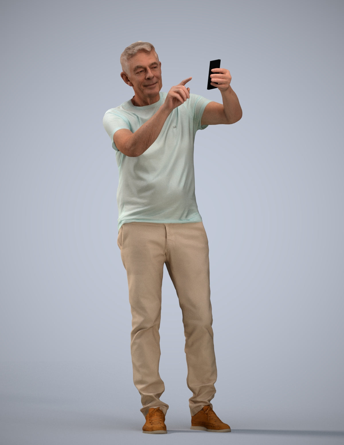 3D human model senior man casual standing, photogrammetry scanned person for archviz