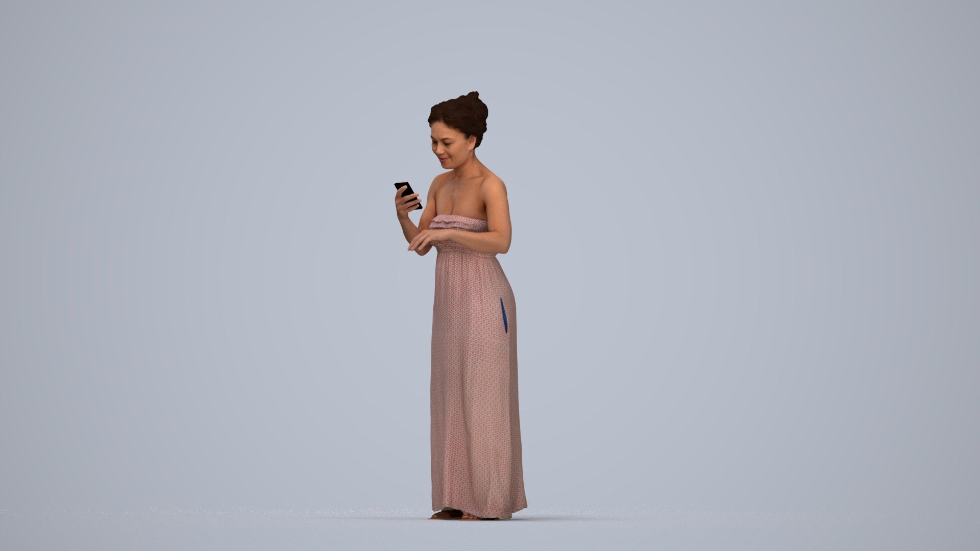 realistic 3D human woman casual standing, archviz people FBX OBJ for Blender, top-down view render