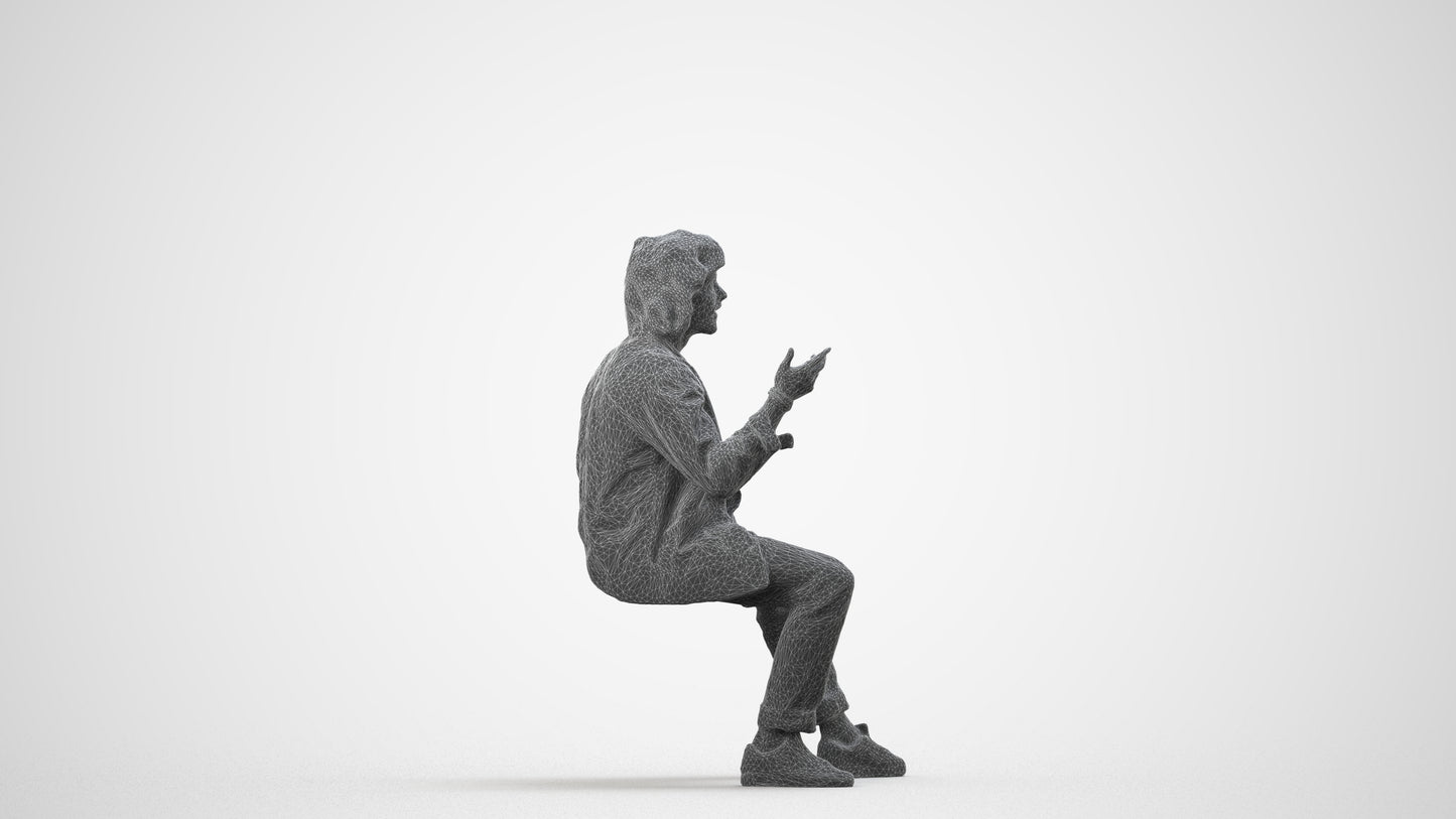 realistic 3D man casual sitting, scanned archviz people for Blender and 3ds Max, wireframe side view
