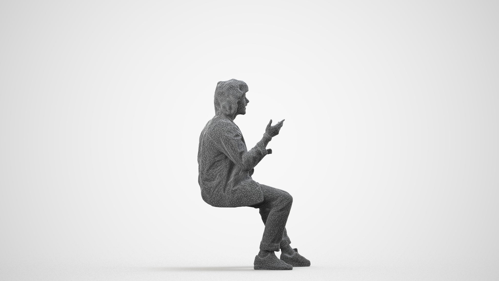 realistic 3D man casual sitting, scanned archviz people for Blender and 3ds Max, wireframe side view