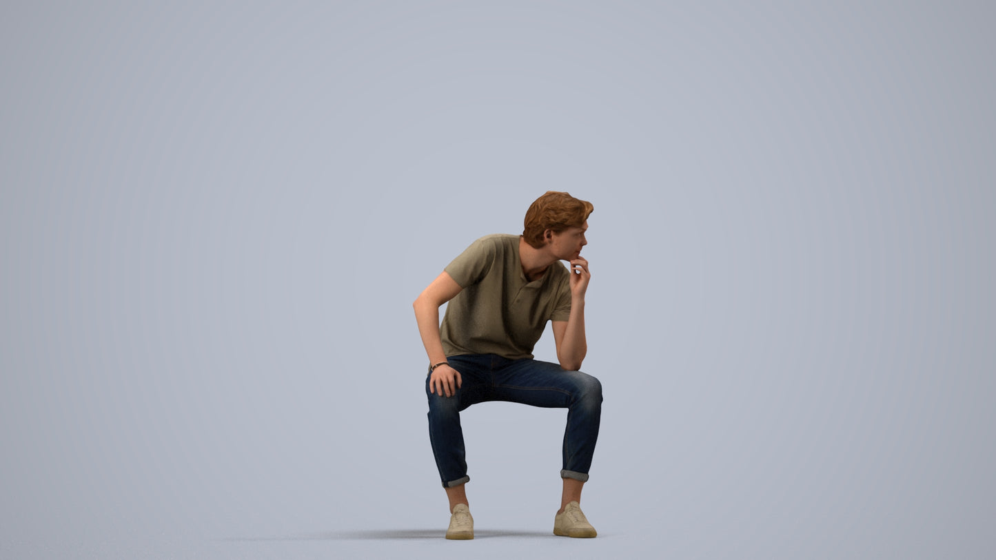 3D scanned man sitting casual, photorealistic archviz people for Enscape and SketchUp, side view render