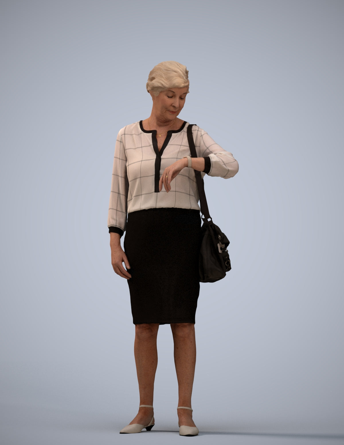3D scanned senior woman standing business, photorealistic archviz people for Enscape and SketchUp